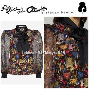 Alice + Olivia “Brentley” silk evil eye blouse S